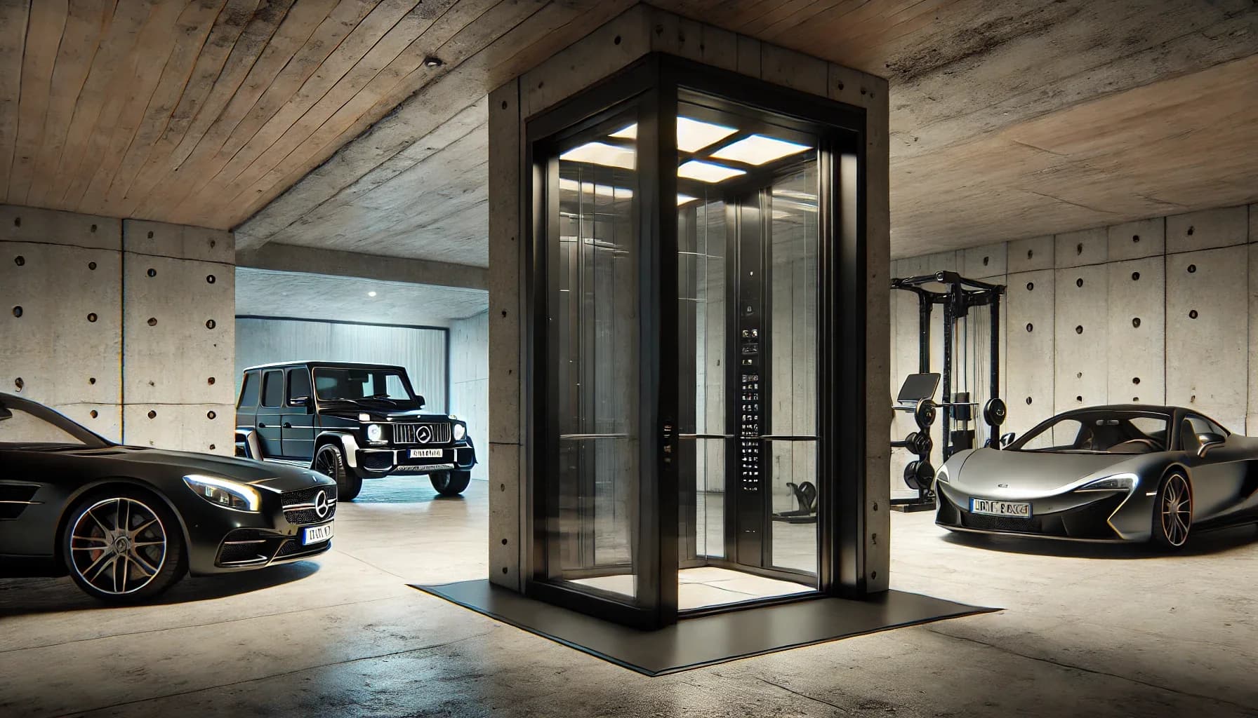 Glass elevator installed in a luxury residential garage
